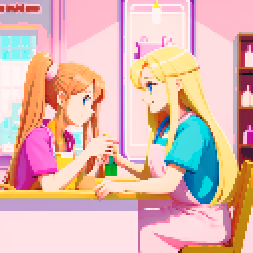 A nail tech with long blonde hair wearing a pink apron and a girl with brown hair facing each other at a table in a nail salon.
