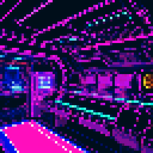 space station, intricate circuitry, neon lights, glowing lines, retro-futuristic, 8-bit aesthetics, vibrant colors, geometric patterns, digital landscape, electronic components, sci-fi technology