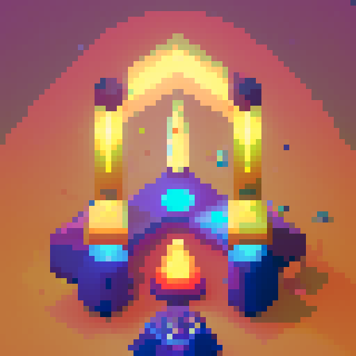 alien spaceship, triangular shape, top down view, vibrant colors, pixel art, glowing lights, metallic exterior, sleek design, futuristic aesthetic, retro-inspired, intricate details, geometric patterns, celestial background, otherworldly presence, sci-fi atmosphere