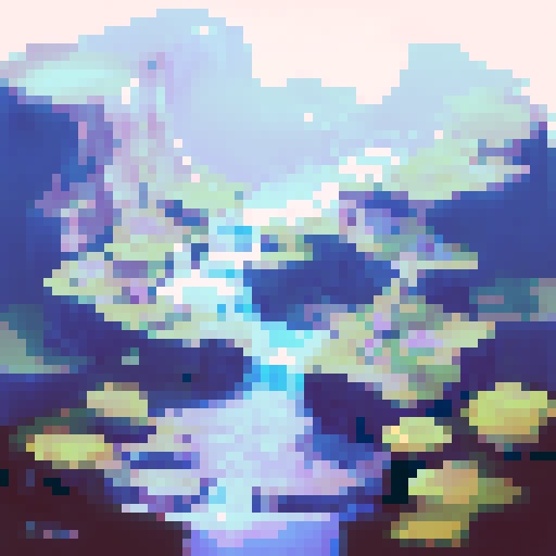 Large waterfalls with extensive plant growth and a pool that emits a feint blue light. 