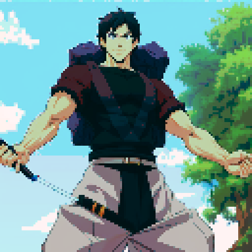 Best Quality,Anime Male,Dashing,Pixel art,weapon in hand,with creature attached to body