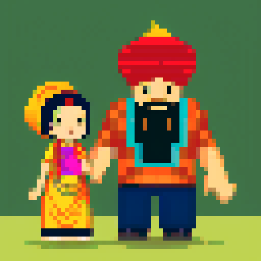 Sikh boy wearing turban and traditional attire, standing beside a curvaceous woman with fiery red hair, both surrounded by vibrant and bold pixelated patterns
