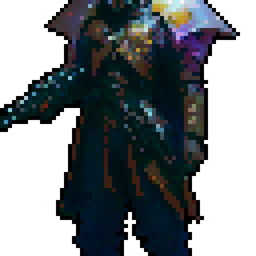 a soldier dressed in a majestic celestial cloak with vibrant and deep colors.  wielding an oversized spear that looks radioactively glowing purple.  the soldier also has full face helmet made from the same material as the spear that has a flowing mane on top of the helmet that looks exactly like the cloaks colors..