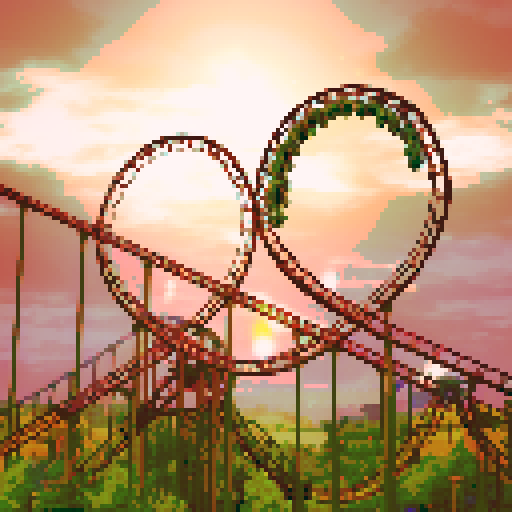 Amusement park, vibrant roller coasters, whimsical carousels, towering ferris wheels, sRGB colors, pixel art
