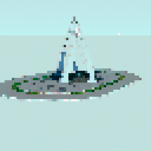 A towering, bronze statue of an oil drill surrounded by palm trees and desert sand, with a backdrop of a vibrant, anime-style sunset sky