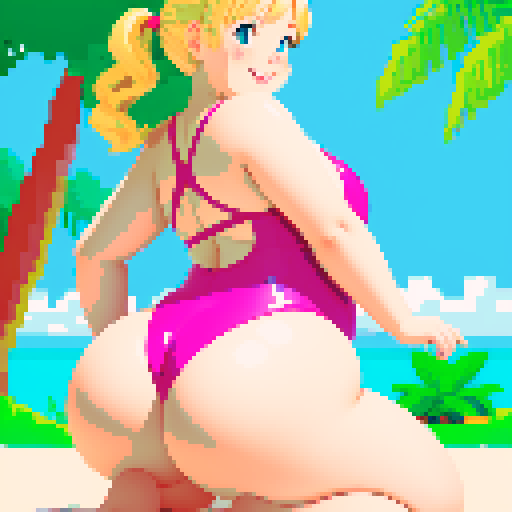 chubby blonde girl in a swimsuit, wide hips, very large butt, facing away, looking back, smiling, kneeling position, pixel art, sRGB