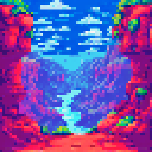 Canyon cliff, vibrant colors, jagged edges, sharp rocks, towering height, deep crevices, pixel art, background, landscape