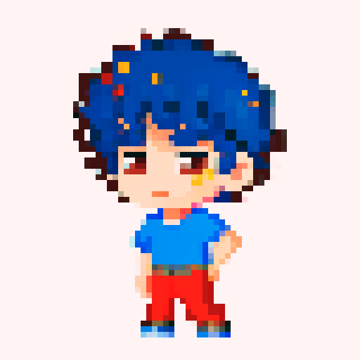 Boy with curly brown hair, vibrant blue shirt, and bold red pants, captured in pixel art with vivid sRGB colors