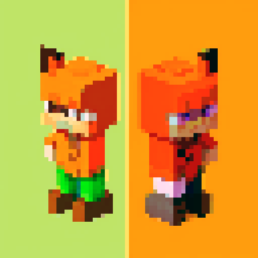 a tomato and a fox warrior in front of a minecraft-y background