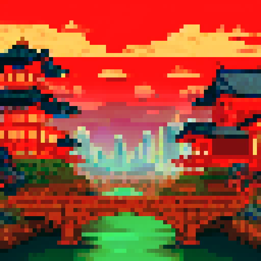 Kyoto at night, vibrant neon lights, glowing lanterns, traditional Japanese architecture, cherry blossom trees, softly lit streets, shimmering reflections on water, bustling cityscape, pixelated buildings, serene moonlit backdrop, sRGB color palette, detailed pixel art, immersive background, picturesque landscape