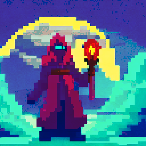 Hooded warlock with glowing eyes casting spell, surrounded by swirling purple mist, holding ancient tome, standing on rocky cliff overlooking moonlit ocean, with pixelated waves crashing below.