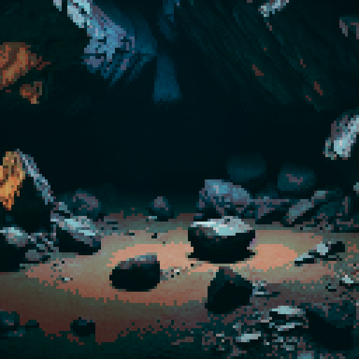 Create a realistic cave interior with jagged walls and a dusty floor covered in scattered rocks of various sizes. Include a warm light source on the left, softly illuminating part of the cave while casting shadows that contrast with the darker, mysterious areas. The atmosphere should feel secluded and slightly eerie, with earthy tones and detailed textures on the rocks and walls to enhance the natural, rugged appearance.