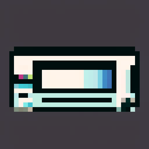 Pixel art of an 8bit VHS tape. Do not use more than 256 pixels. The VHS tape should be black with 4 colors on the front label.
