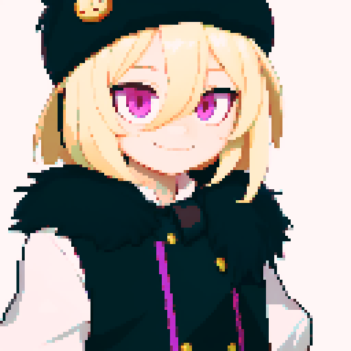 Solo male with perfect anatomy, straight-on, inframe, facing viewer, with round pupils, light blonde hair between eyes, wearing an ushanka hat with a black fur collar, a black vest, puffy sleeves, and black elbow gloves, his light pink eyes looking at the viewer, smile, in a pixel art style with sRGB colors, half closed eyes, best quality, stylised chibi,