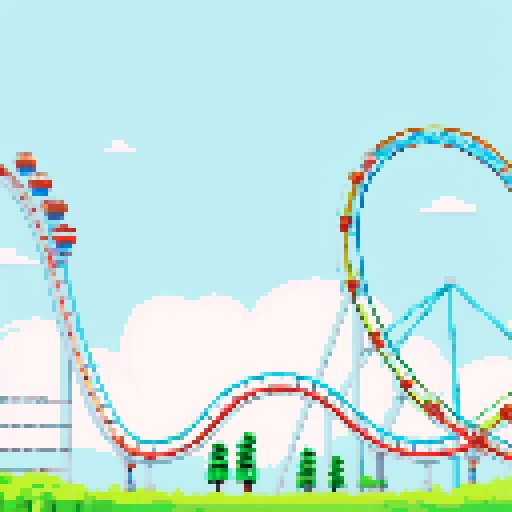 Amusement park, vibrant roller coasters, whimsical carousels, towering ferris wheels, sRGB colors, pixel art
