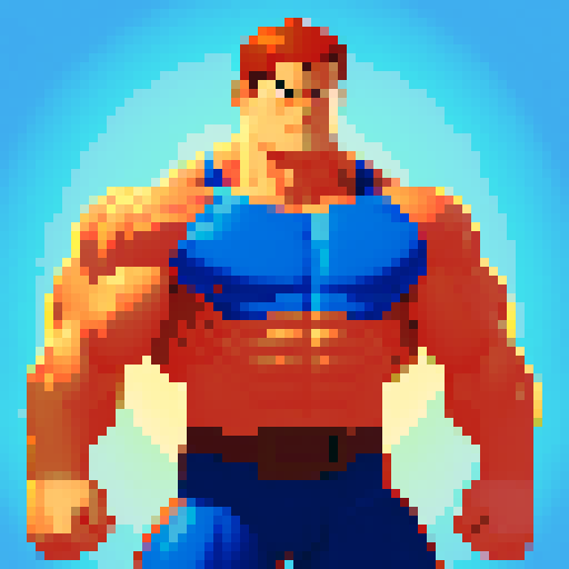 Strong, muscular, heroic figure, with bulging muscles and a determined expression, standing tall against a vibrant, pixelated backdrop, showcasing the hero's bravery and strength in the classic sRGB color palette