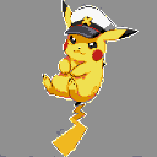 Create an image of Captain Pikachu standing balanced on his tail, showcasing agility. He wears a captain's hat tilted slightly forward over his narrowed eyes. A subtle smirk is on his face. Electric sparks crackle around his cheeks and tail. Focus on his physical details: the hat, the smirk, the tail-standing pose, and the electric sparks.