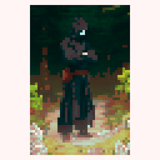 Pixel monk with razor-sharp daggers, dressed in a black hooded robe, standing atop a misty mountain peak 