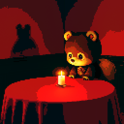 chibi bear, button eyes, gothic anime, plush brown fur, in a relaxed mascot pose, a satanic pendant, profile picture avatar, and a softly glowing wax candle on a table draped in a red tablecloth. Created Using: retro pixel aesthetic, gothic atmosphere, shadow play, poster-style composition, mystical and magical elements, vivid colors, hd quality,