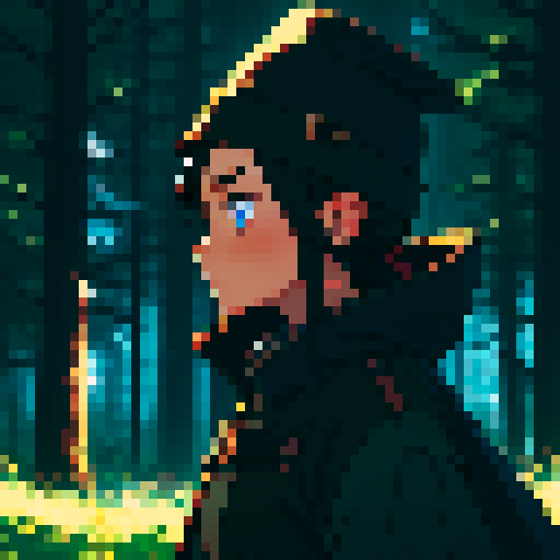 Dark night time in the forest background, profile picture, young girl, rounded face, blue eyes, short black hair, brown coat, brown hat, small chest