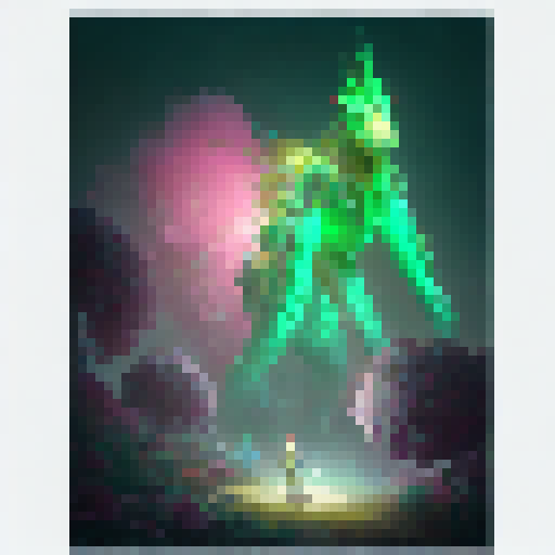 Dragon-breath flowers bloom in a neon forest, guarded by a towering golem and a trio of fairy archers in a whimsical fantasy RPG style.