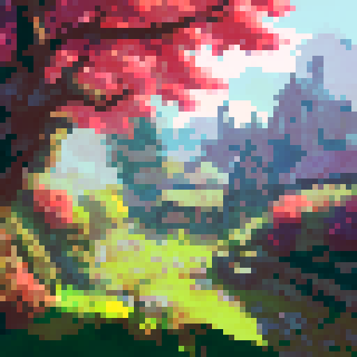 lush green trees, vibrant foliage, detailed pixelated landscape, intricate castle architecture, moss-covered stones, majestic turrets, sun rays filtering through leaves, medieval charm, pixelated skies, vibrant pixel art details, enchanting forest setting