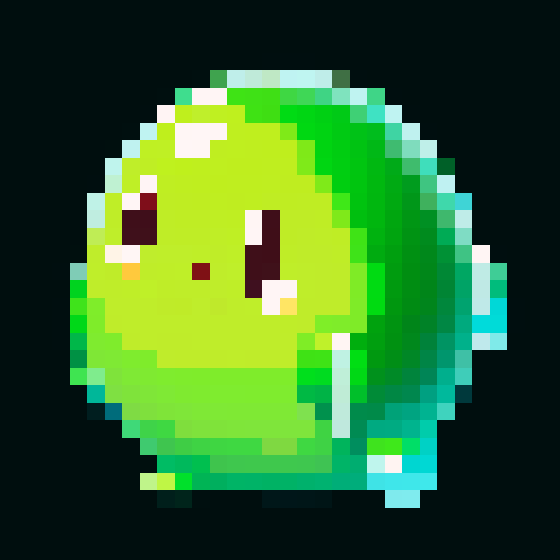 A larger, more formidable amorphous blob with a thicker, more opaque green body. It has bigger eyes and a wider smile, with more bubbles inside. No background.