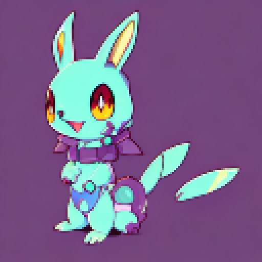 Bunny, big-eyed and kawaii, brandishing a sleek and shiny handgun, set against a vibrant, color-saturated anime background.