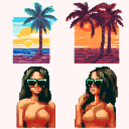 Palm trees on white sand beach with orange sunset over the ocean water.