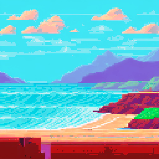 Mediterranean waves crashing in vibrant, contrasting hues with fluid movement and textured brushstrokes in a pixel art style, creating a mesmerizing sRGB palette of a landless seascape