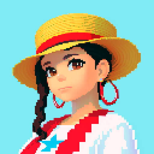 Create a realistic portrait for a young Puerto Rican woman with dark hair with a flow de maga on it and wearing a traditional Puerto Rican dress