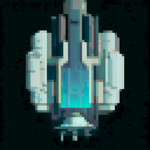 Spaceship, sleek design, metallic exterior, retro aesthetic, pixelated details,blinking lights, computer screens, wireframe outlines, geometric shapes, low-resolution textures, vibrant pixel art style, sRGB color space
View from above
