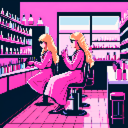 A nail tech with long blonde hair wearing a pink apron and a girl with brown hair sitting and facing each other in a nail salon. Nail polish bottles and UV lamps