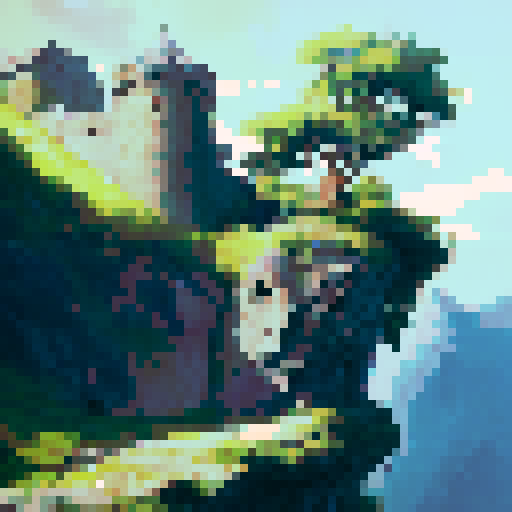 Majestic castle perched atop a rocky cliff overlooking a vast, rolling green landscape, with a portrait-like composition that captures the grandeur and awe-inspiring presence of the fortress.