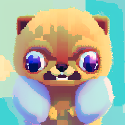 Pomeranian, fluffy, vibrant colors, pixel art, playful expression, lively eyes, tiny paws, animated tail, adorable posture, endearing facial features, intricate pixel details