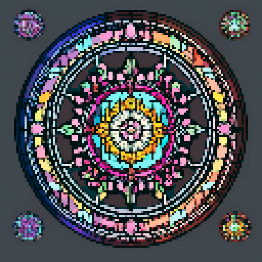 I want a beautiful circular stained glass window in all the colors of the rainbow. It should be simple, having no more than 10 glass segments total. I want this object usable an asset in a videogame, meaning only one object per image, outlined with a strong black stroke, on a solid-color background.