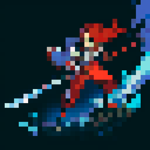 Sprite of a JRPG character with red hair, silver armor, blue pants and black shoes, holding a sword.