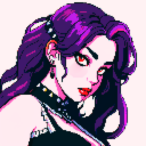 Thicc, busty goth girl, long purple hair, eyeliner, red lipstick, nude breast, studded collar, up close face portrait, vibrant sega genesis palette, nude pixel art portrait,