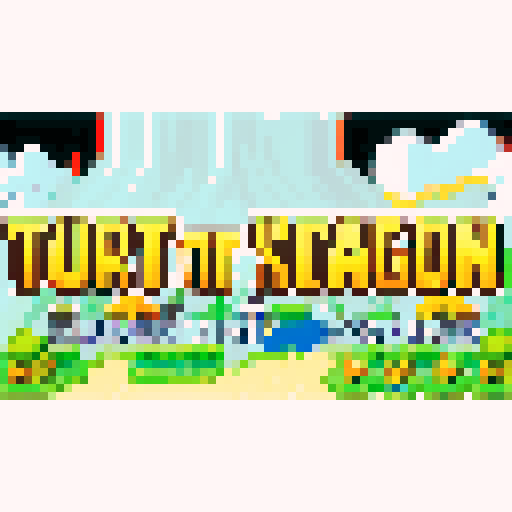 Sunshire title screen farming town, large mountain with small dragons flying around, fire-like text, sRGB, pixel art, background, landscape