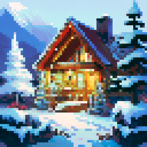 snowy mountain range ski town with a tiny lodge, igloo, campsite, cold, pixel art, sRGB, christmas themed