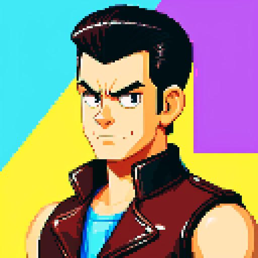 semi muscular greaser with pompadour and leather vest, 8-bit pixel art, vibrant sRGB colors, retro arcade game style