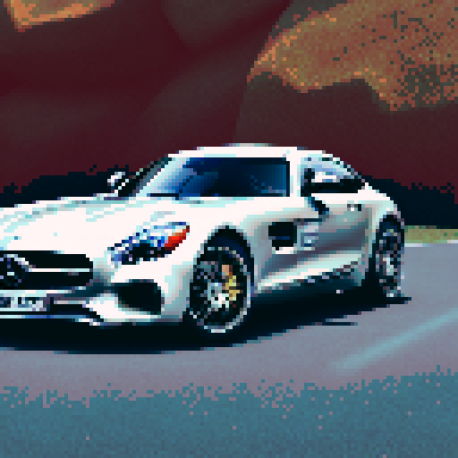 Photorealistic whole Mercedes-Benz AMG GT , three-quarter view, right front wheel, clean background, sRGB colors, pixel art style