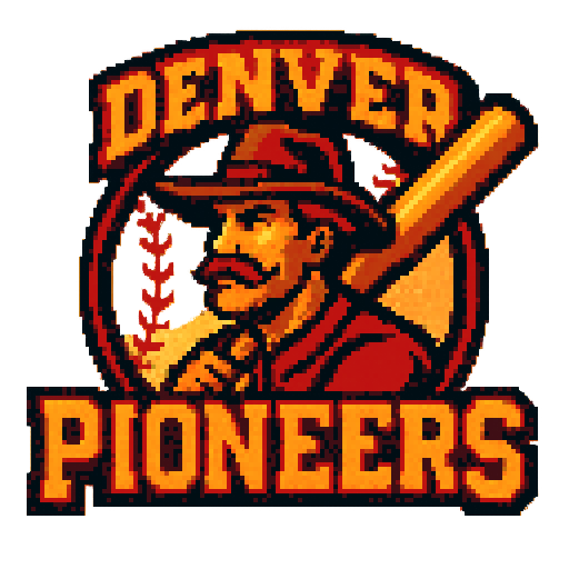 Pixel art of a fictional baseball team called the Denver Pioneers. red, orange and gold, sharp outlines, and soft pixel shading. The logo design mimics 80s MLB logos. Use a vibrant Sega Genesis 16-bit style with selective dithering, geometric forms, and nostalgic retro charm. Avoid modern gradients—keep it pure pixel art.