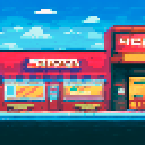 Dimly lit pizzeria office with a retro sign, flickering neon lights, red and white checkered tablecloths, and a stack of pizza boxes in the corner