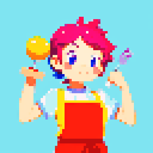 Cute, vibrant, playful chef, apron, juggling utensils, pixel art, colorful, character facing forward, character looking up concentrating on juggling, no background
