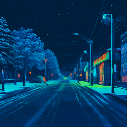 glowing neon sign reflecting off the snowy ground, road covered in a white snowy blanket, distant treeline silhouette, sRGB, pixel art, background, landscape