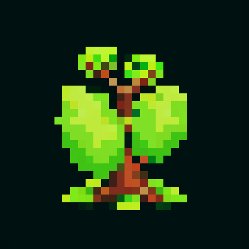 A small, young tree-like creature with tender green leaves sprouting from its branches. It has a slender trunk with light brown bark and a pair of bright, curious eyes. The sapling has a gentle, hopeful expression and stands firmly on its roots. No background.
