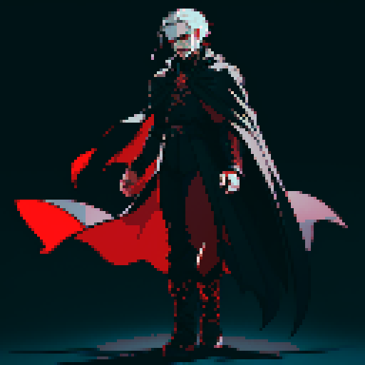 full-body image, male vampire final boss, dark and brooding, glowing red eyes, sharp fangs, pale skin, flowing black cape, menacing stance, intricate details, sRGB, pixel art, gothic cathedral interior background