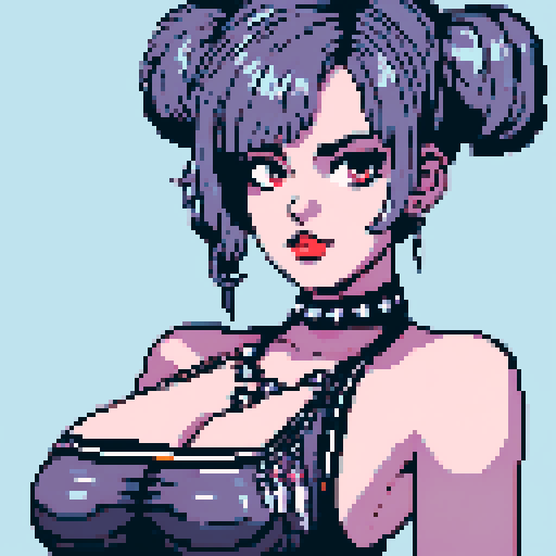 curvy, busty cute goth babe with studded collar, big titty goth wearing studded leather halter top. Large breasts. hair in buns. close up portrait, pixel art, sRGB