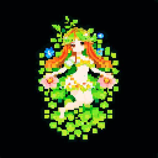 A beautiful nymph covered in vibrant petals and leaves. It has long, flowing hair made of vines, bright eyes, and an enchanting smile. It exudes an aura of beauty and charm. No background.
